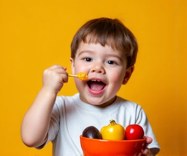 Niño comiendo frutas y verduras de forma feliz