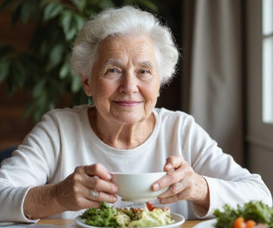 Persona mayor disfrutando de una comida nutritiva y ligera