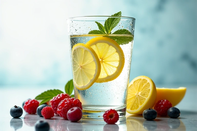 Vaso de agua refrescante con rodajas de limón y frutas