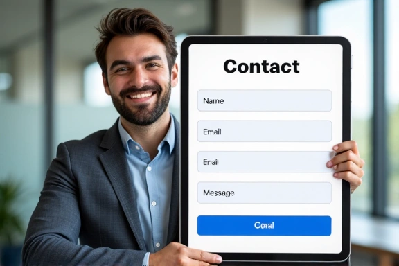 Ilustración de una persona interactuando con un formulario de contacto en una tableta.