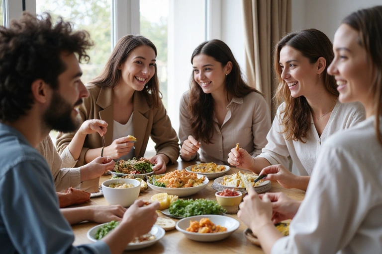 Grupo de personas sonriendo y comiendo alimentos saludables
