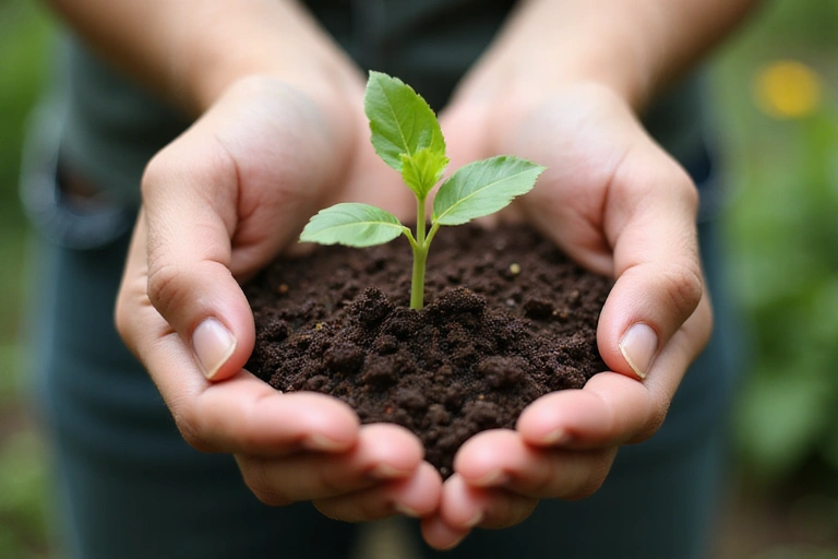 Manos sosteniendo una planta joven
